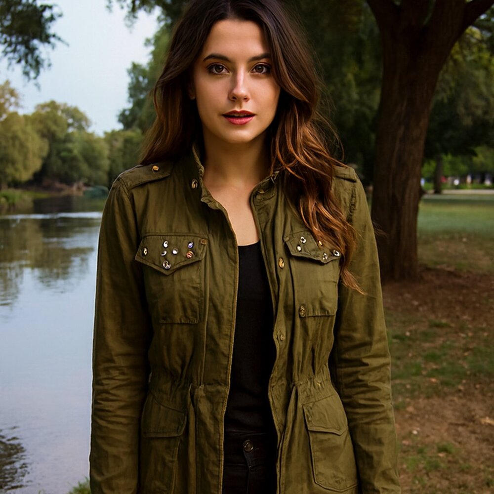 Celebrity Pink Women L Cargo Snap Close‎ Army Green Bedazzled Drawstring Jacket